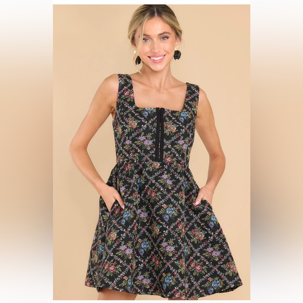 Floral Square-Neck Black Dress with Pockets